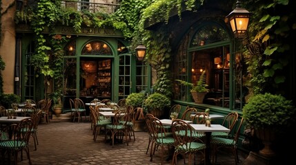 Fototapeta na wymiar A European-style caf?(C) draped in ivy, where croissants and coffee beckon from quaint wrought-iron tables.