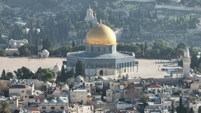 Aerial Footage of the Old City of Jerusalem, Al Aqsa Mosque and the Temple Mount in the background