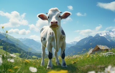 Fototapeta na wymiar a cow is standing in a meadow in front of mountains,