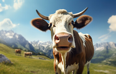 a cow is standing in a meadow in front of mountains,