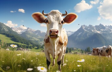 Fototapeta na wymiar a cow is standing in a meadow in front of mountains,
