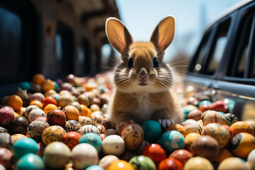Lovely bunny easter rabbit eating food, vegetables, carrots, baby corn in garden with flowers and colorful easter eggs background. Cute fluffy rabbit in nature life. Symbol animal of easter day.
