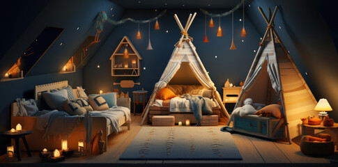 a cute young boy's room with a teepee, couches and bears,