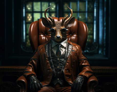 a deer man dressed in leather sitting on a chair,
