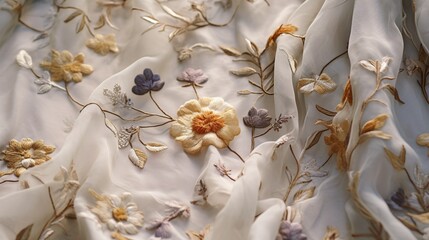 A fine gauze fabric delicately adorned with ethereal floral embroidery, creating a sense of timeless grace.