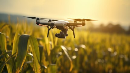 A drone flying over a field of corn