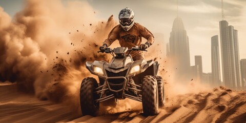 Quad bike in dust cloud, sand mine in Dubai city background
