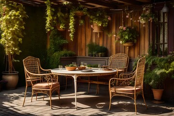 an artistic interpretation of a vintage terrace with classic garden furniture, aged wooden accents, and ivy-covered walls, evoking a nostalgic and timeless atmosphere