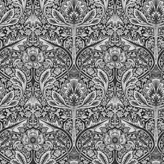 Seamless pattern, ornament with gravitate and woodlice plant in black and white graphics in the style of Morris. Small format. Digital illustration. Suitable for interior decoration, wallpaper, fabric