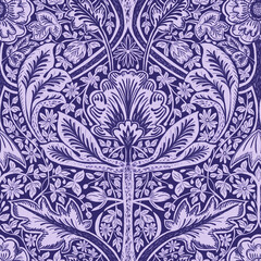 Seamless pattern, ornament with gravilate and chickweed plant in blue graphics in the style of Morris. Large format. Digital illustration. Suitable for interior decoration, wallpaper, fabrics, clothin
