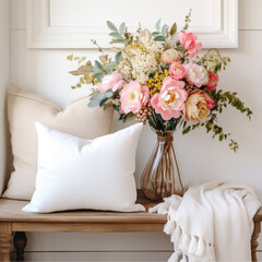 White Blank Throw Pillow Mockup on an Entryway Bench with Spring Florals