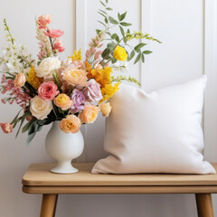 White Blank Throw Pillow Mockup on an Entryway Bench with Spring Florals