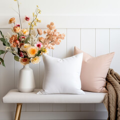 White Blank Throw Pillow Mockup on an Entryway Bench with Spring Florals