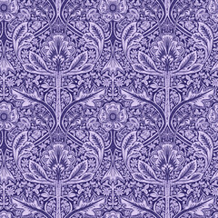 Seamless pattern, ornament with gravilate and chickweed plant in blue graphics in the style of Morris. Small format. Digital illustration. Suitable for interior decoration, wallpaper, fabrics, clothin