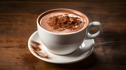 Obraz premium Hot Chocolate with Cocoa Powder and Shavings in White Cup on Wooden Table