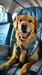 A cute dog on an airplane sits on a seat by the window. Transporting animals by air, caring for a puppy and long-distance travel