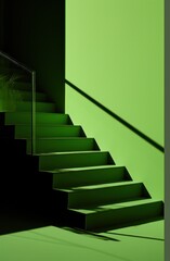 a framed art with green walls and wooden stairs,