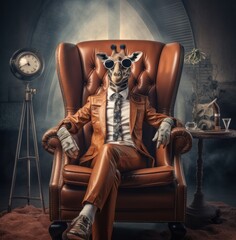 a giraffe wearing an outfit is sitting in a leather chair,