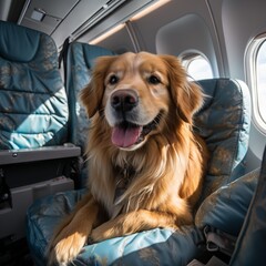 A cute dog on an airplane sits on a seat by the window. Transporting animals by air, caring for a puppy and long-distance travel