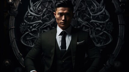 a man in a suit poses behind a dark background,