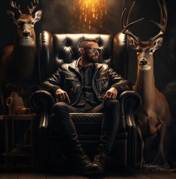 a man in leather jacket sits on a chair looking at a deer,