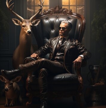a man in leather jacket sits on a chair looking at a deer,