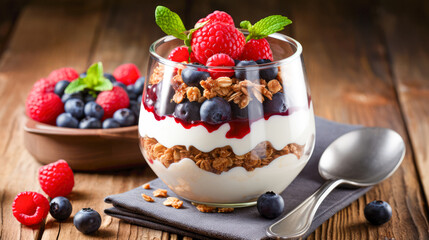 Greek yogurt parfait with fresh berries and granola in glass - obrazy, fototapety, plakaty