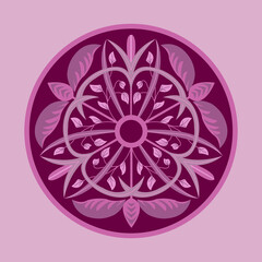 Floral ornament in a circle in burgundy-pink shades. Digital illustration. Suitable for interior decoration, wallpaper, fabrics, clothing, stationery.
