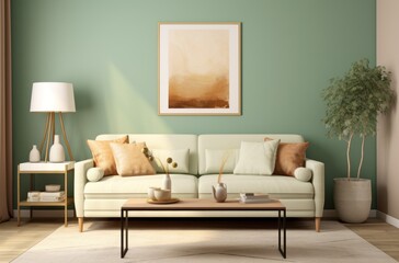 Naklejka premium a neutral living room with green walls and a green couch,
