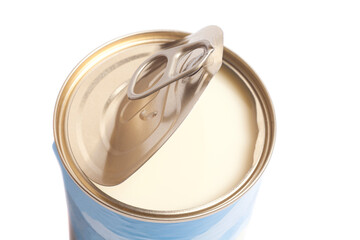 Opened Condensed milk tin can isolated on white