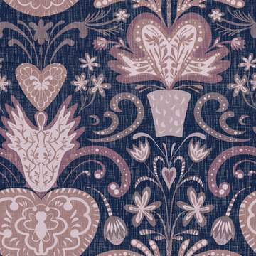 Seamless pattern, ornament with hearts, birds and flowers for Valentine's Day on a dark blue background. Digital illustration. Suitable for interior decoration, wallpaper, fabrics, clothing, stationer
