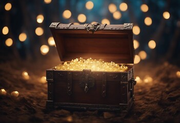 Treasure Chest - Open Ancient Trunk With Glowing Magic Lights In The Dark