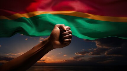 a person's hand with african flag black history month fist symbol - obrazy, fototapety, plakaty