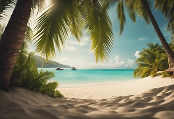 Tropical Sand With Palm Leaves And Paradise Island