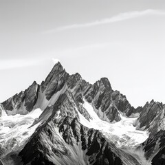Fototapeta na wymiar Black and white panoramic shot of towering mountain peaks