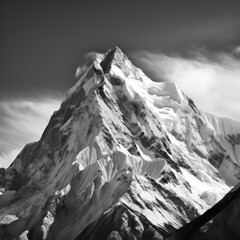 Black and white panoramic shot of towering mountain peaks