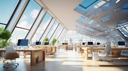 Fototapeta premium copy space, stockphoto, Inspiring office interior design Contemporary style Open workspace featuring Skylight architecture. Open office mock up. Modern style office with a lot of natural light comming