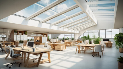 Fototapeta na wymiar copy space, stockphoto, Inspiring office interior design Contemporary style Open workspace featuring Skylight architecture. Open office mock up. Modern style office with a lot of natural light comming