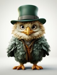 An owl wearing a green hat and jacket