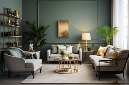a room with gray walls, furniture and plants,