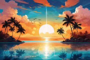 Fototapeta na wymiar tropical island with palm trees an ocean created with generative AI software