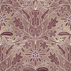 Seamless pattern, ornament with edelweiss, plants and mountain goats on a burgundy background in monochrome. Digital illustration. Suitable for interior decoration, wallpaper, fabrics, clothing