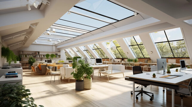copy space, stockphoto, Inspiring office interior design Contemporary style Open workspace featuring Skylight architecture. Open office mock up. Modern style office with a lot of natural light comming