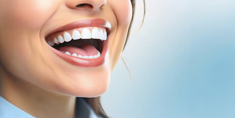 Laughing woman mouth with great teeth over blue background. dent medical concept.
