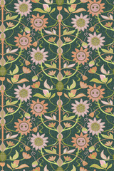 Seamless pattern, ornament with flowers and electricity on a green background, surrealism. Digital illustration. Suitable for interior decoration, wallpaper, fabrics, clothing, stationery.