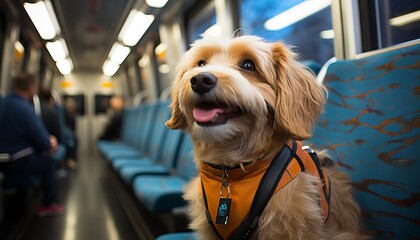 A cute dog in a train carriage sits on a seat by the window, waiting for its owner. Moving animals in public transport, caring for and traveling with a puppy
