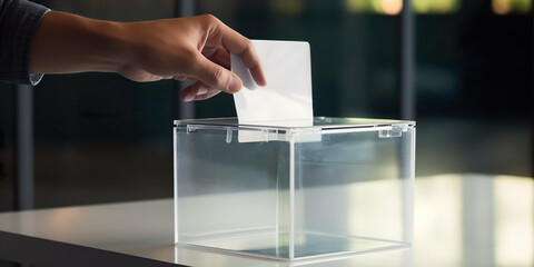 Hand casting vote in a transparent ballot box - obrazy, fototapety, plakaty