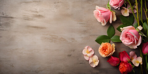 Pink and yellow roses on wooden background, for Valentine's Day, anniversary, wedding, Mother's Day.