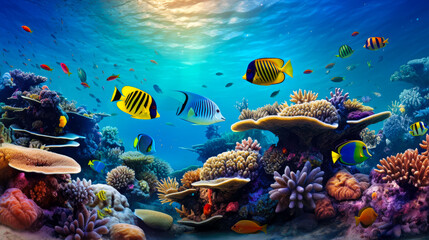 Fototapeta na wymiar Coral and fish in Sea.