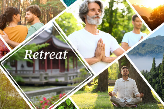 Wellness retreat. Collage with beautiful landscapes and photos of people